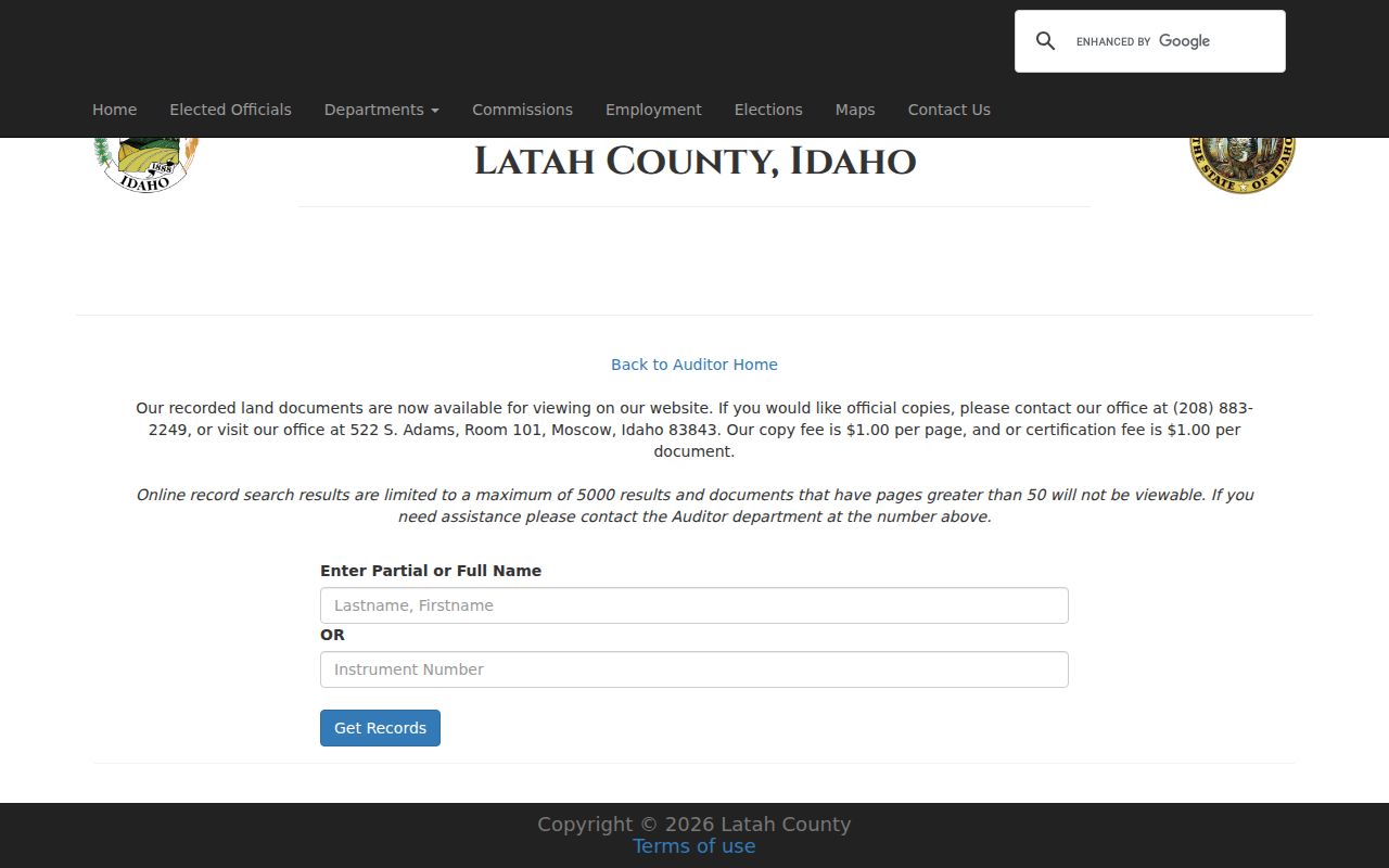 Idaho previous residents deed-index search fields and result columns in Latah County