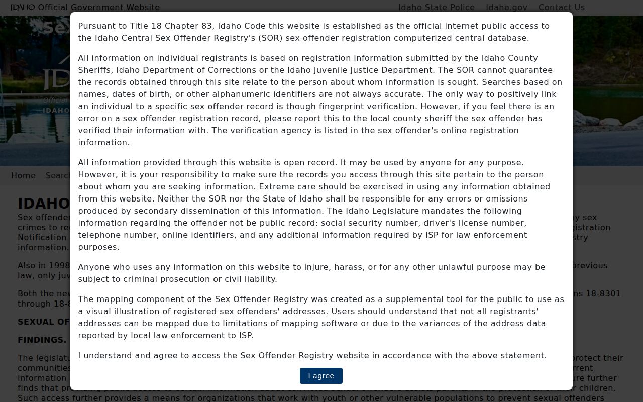 Idaho State Police registry search modes for an Idaho resident lookup
